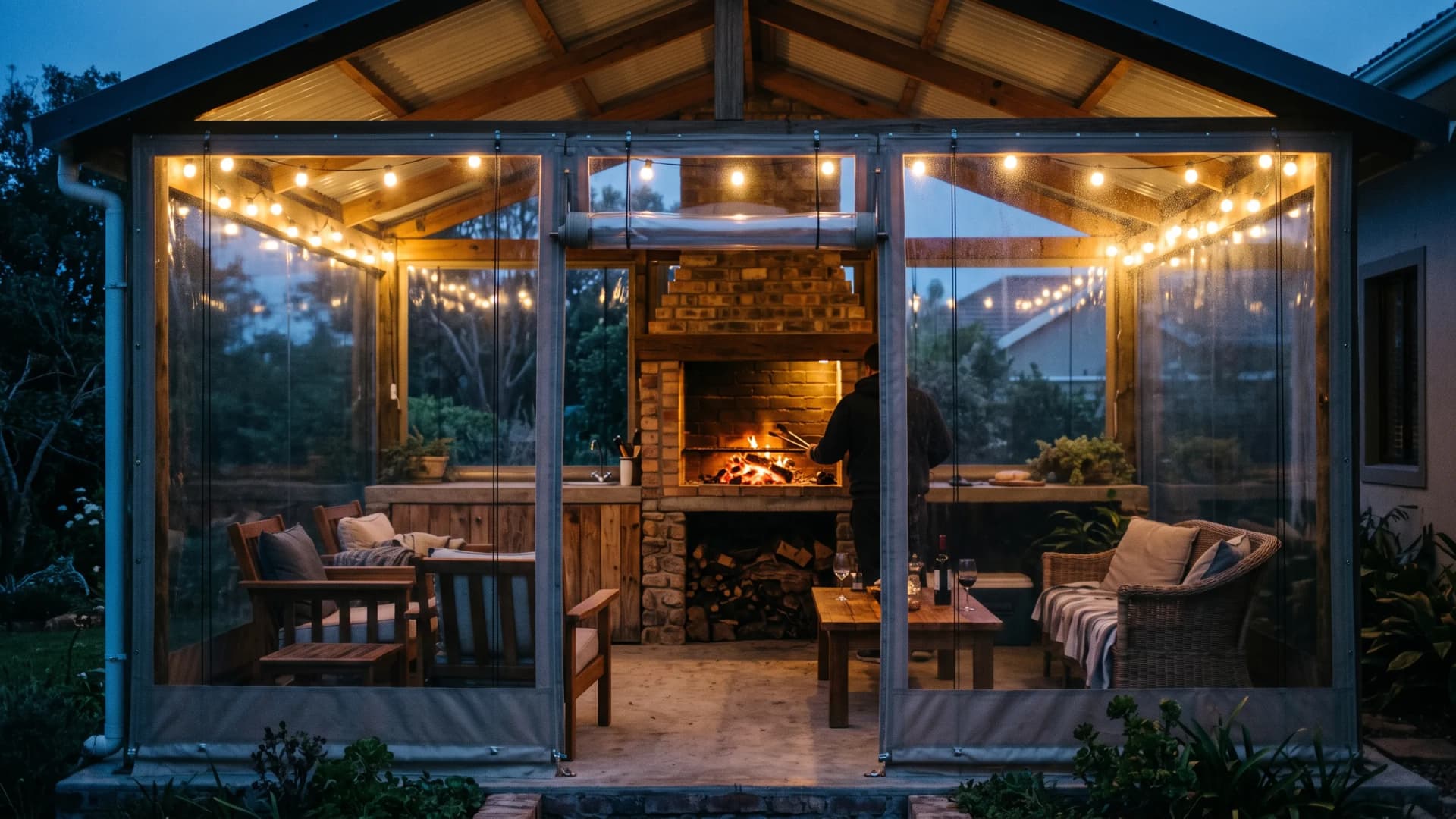 Covered braai area enclosed with drop-down PVC blinds on a cold winter evening, each blind a grey PVC border and hem around a large clear view panel, braai coals glowing inside and the garden visible through the panels