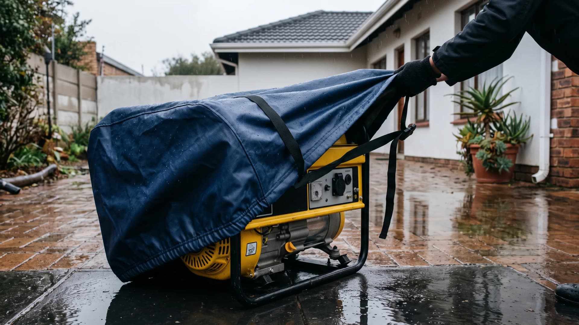 Fitted navy PVC cover being pulled over a portable petrol generator on a wet patio on an overcast winter morning