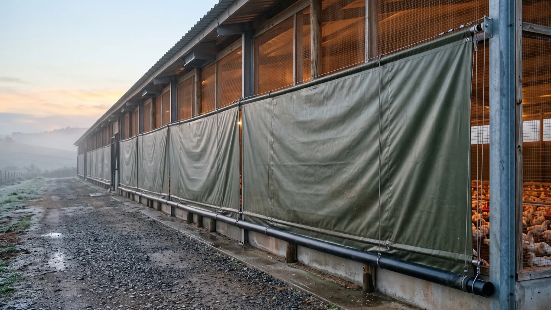 Olive PVC poultry curtains rolled down along the open side of a broiler house on a cold winter morning