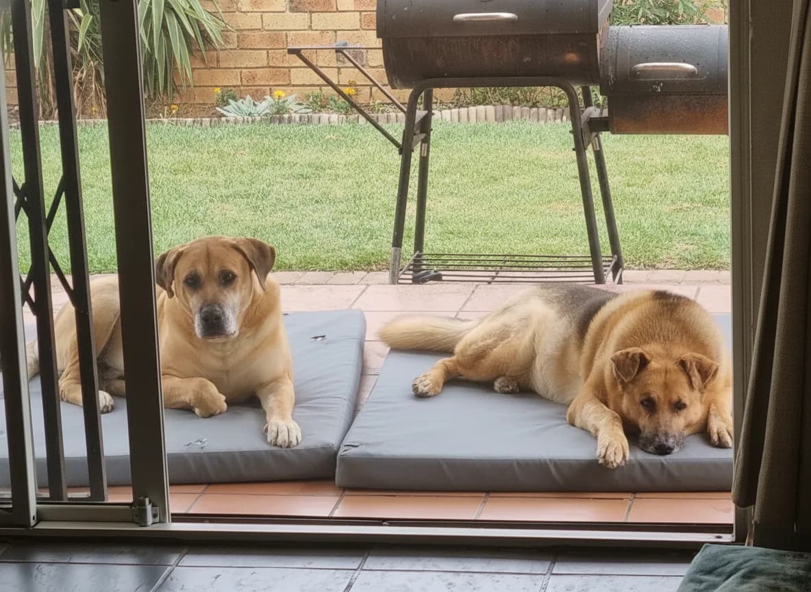 Two dogs resting on grey PVC-covered Minurphy pet beds on a patio