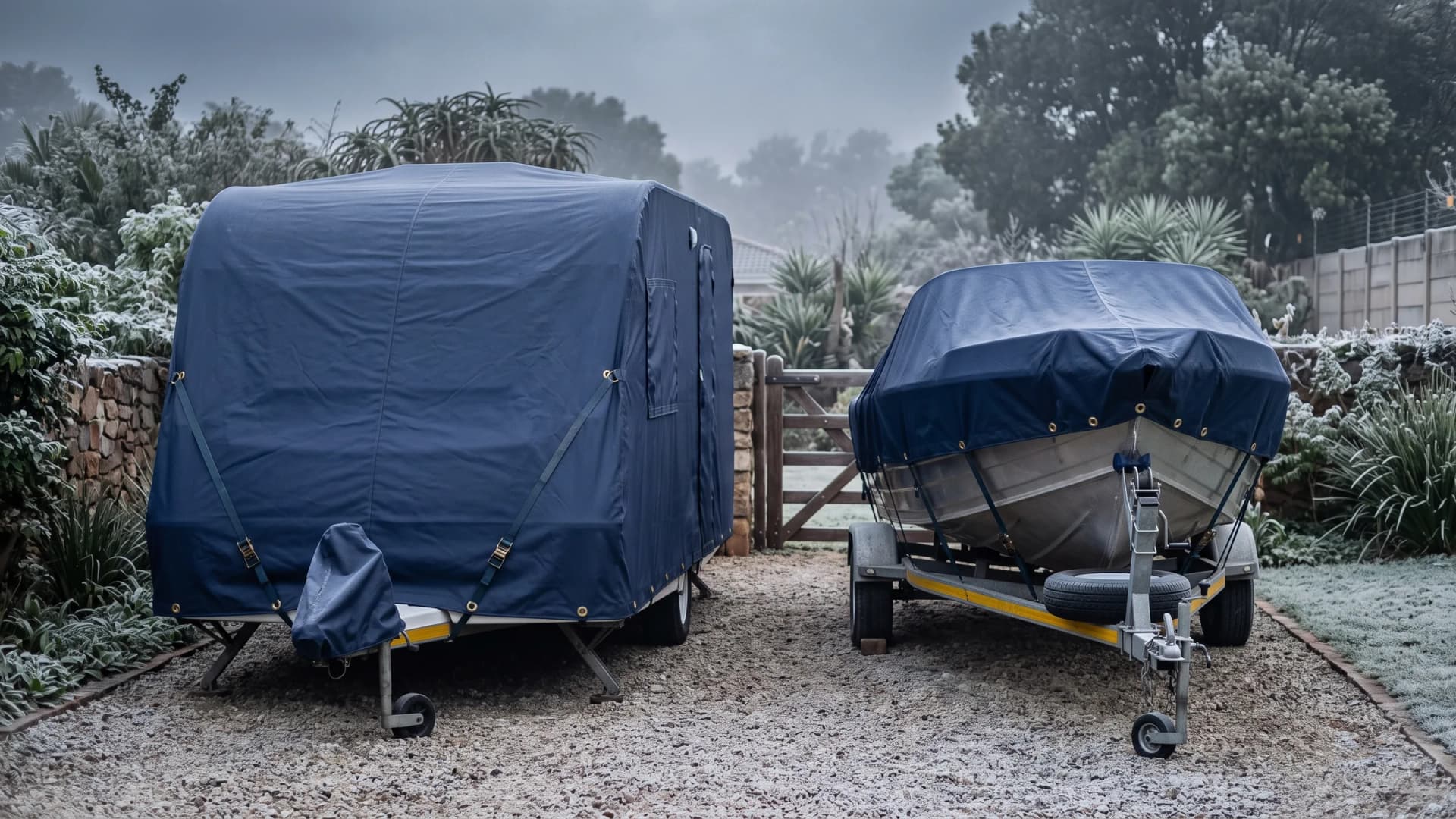 Caravan and aluminium boat on a trailer under fitted navy PVC and canvas covers in a driveway on a frosty winter morning