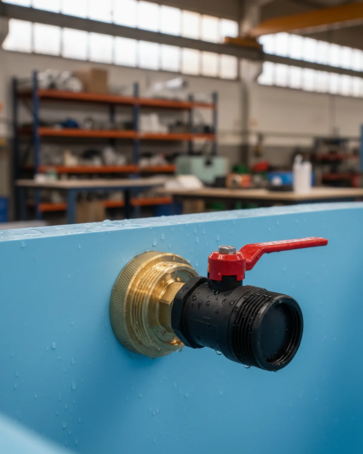 50 mm brass bulkhead drain and ball valve fitted on a PVC ice bath