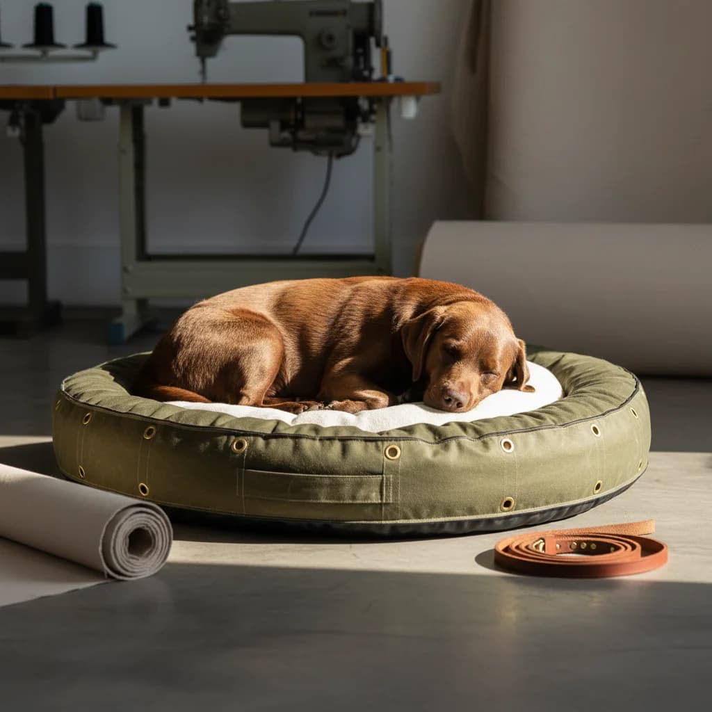 Brown Labrador asleep on an olive PVC-covered pet bed
